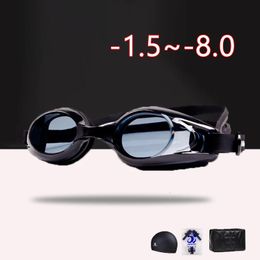 Adulte 4 pièces / set -1,5 à -8,0 Myopie Swimming Goggles Prescription étanche et anti-brouillard Swimming Goggles Diode Poute des lunettes transparentes 240506