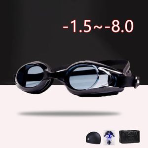 Volwassen 4 -delige/set -1.5 tot -8.0 Myopia Zwembril Goggles Recept Waterdicht en anti -mist Zwemmende bril -diode Duiken Transparante bril 240429