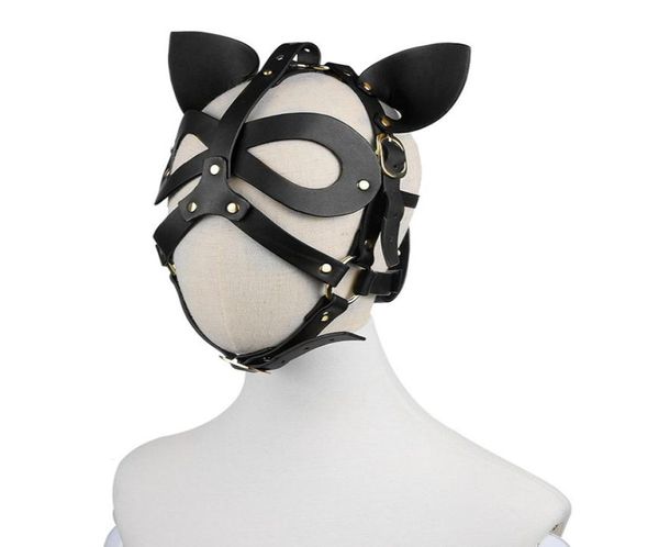 Anime adulto cosplay arnés bondage capucha de la cabeza orejas de gato máscara de cuero para la cara hombres accesorios de parejas sexo juguetes negros 8072974