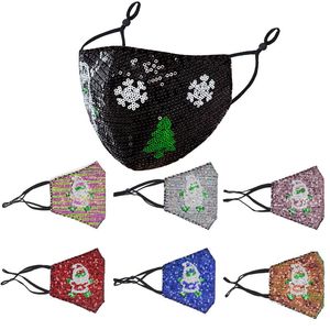 Volwassen Kerstmis Sequin Katoenen Maskers PM2.5 Filters Blauw Zwart Santa Claus Sneeuwpatroon Masker Doek Stofdicht Wasbaar Festival Facemask Ademend Herbruikbaar Design