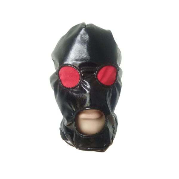 Accesorios para disfraces de adultos Capucha Cosplay Negro metálico brillante con ojos y boca abiertos de malla roja Disfraces Accesorios para fiestas Máscaras de Halloween