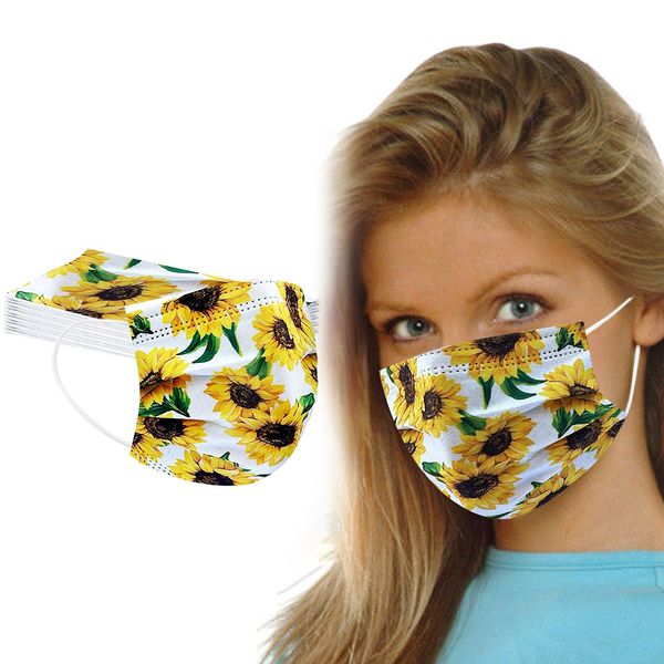 Masques jetables pour adultes Tournesol Protecteur Respirant Tissu soufflé à trois couches Impression Anti-poussière Anti-buée Masque facial unisexe