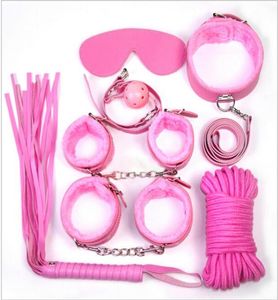 Jeu pour adultes 7 pièces rose BDSM ensemble de contraintes de bondage Kit boule Gag manchette fouet collier fétiche Sex Toy ensembles collier de bondage en cuir sm1378666