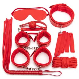 Volwassen Spelletjes Bdsm Bondage Terughoudendheid Riem 7 Stuks Set Sexy Handboeien Tepel Klem Zweep Kraag Liefde Kit Speelgoed Voor koppels