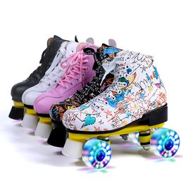 Patines en línea para adultos de cuero Artificial de doble línea para mujeres y hombres, dos zapatos de Skate con zapato de skate flash de PU blanco