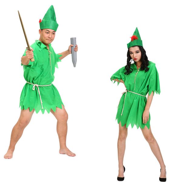 Adulte enfants Halloween fête Cosplay Peter Pan Costume dessin animé hommes femmes filles garçons grand homme vert/chasseur tenues C19X51