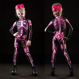 Volwassen kinderen Halloween skelet cosplay jumpsuit roze rose vrouw sexy schedel enge kostuum meisjes 3d print bodysuit moeder dochter 220817