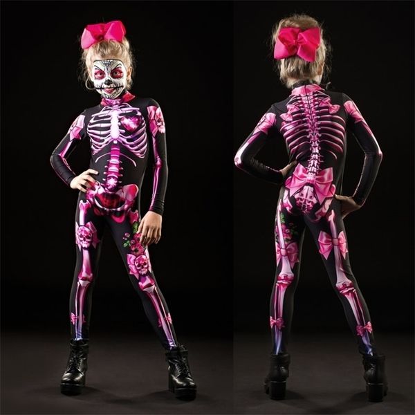 Adultos Niños Halloween Esqueleto Cosplay Mono Rosa Rosa Mujer Sexy Cráneo Scary Disfraz Niñas Impresión 3D Body Madre Hija 220817