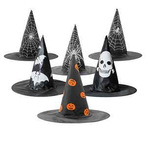 Volwassen kinderen heks hoed pompoen spider bat web schedel gedrukt tovenaar hoed halloween kostuum accessoire cap partij decoratie jk1909xb