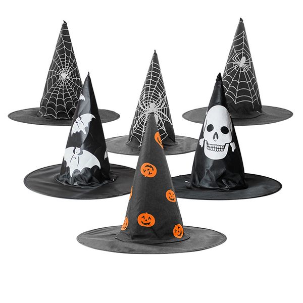 Niños adultos Sombrero de bruja Calabaza Araña Murciélago Web Cráneo Impreso Sombrero de mago Disfraz de Halloween Accesorio Gorra Decoración de fiesta JK1909XB