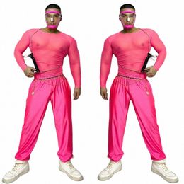 Adulte Mâle Hip Hop Dancewear Discothèque Fluorescence Rose Sexy Tops Pantalons Gogo Costume De Danse Party Bar Dj Ds Rave Outfit VDB5342 z9Kc #