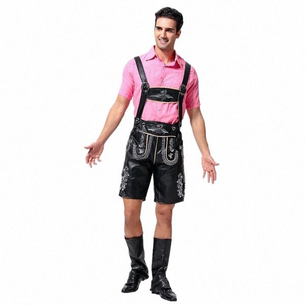 Adulte homme Oktoberfest bière Costume chemise Lederhosen jarretelle ensemble tenue en cuir noir serveur de bar fantaisie Dr f84O #