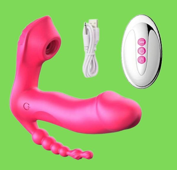 Masajeador para adultos 3 en 1 Women039s Consolador Chupando Vibrador Juguetes sexuales para bragas Wearable Anal Beads Plug Vagina Vibradores femeninos5199945