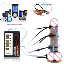 Masajeador adulto Electro Shock Pene anillo BDSM Massor Massora de estímulo eléctrico Massora de silicona Extender Agrandar juguete sexual