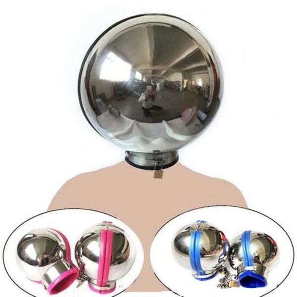 Masajeador para adultos, casco de bola de Metal, esposas de retención, varios colores, tapa completa para la cabeza, muñequeras, Bondage Bdsm erótico para pareja