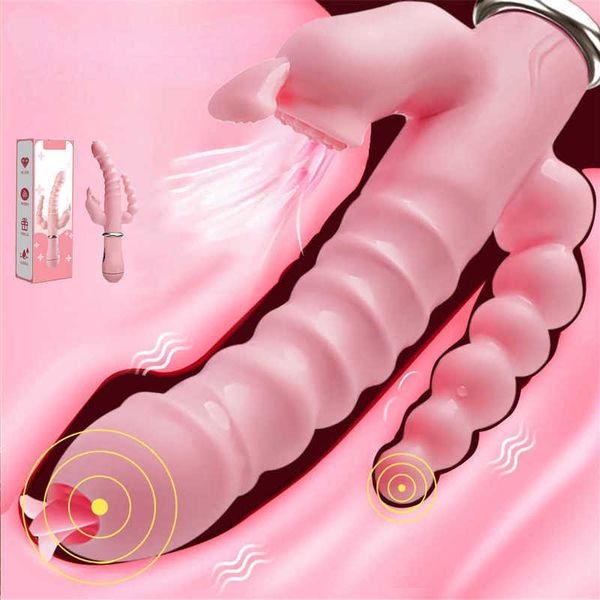 Masseur adulte trois têtes gode lapin vibrateur étanche Usb magnétique Rechargeable Anal clito langue lécher pour les femmes Couples