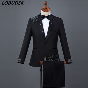 Costumes pour hommes adultes Robe de mariée Cristaux Bling Blanc Bleu Blazers Performance Costume chanteur Chorus tenue de scène Prom Compere Master show costumes