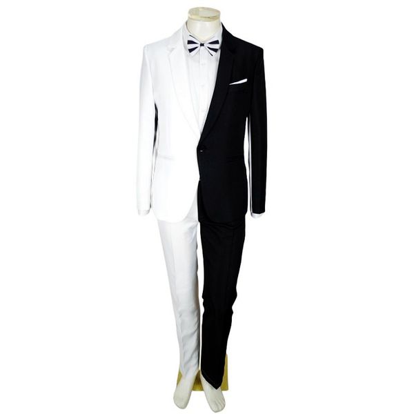 Blazer Pantalon Ensemble Hommes Noir Blanc Costumes Assortis Irrégulier Patchwork Costume De Mariage Mâle Soirée Chanteur Danseur Scène Tenue Magicien Performance Costume