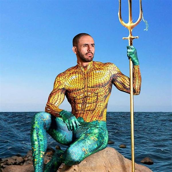 Adultos hombres niños niño Aquaman Cosplay mono Halloween Anime Moive Seperhero disfraz Zentai mono traje 2607