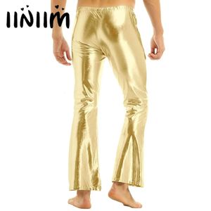 Pantalon disco métallisé brillant pour hommes adultes des années 70 avec pantalon à fond de cloche Pantalon évasé à cloche Pantalon long évasé Costume de mec Clubwear 240220