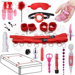 Productos para adultos 17 Unids Cama BDSM Kits Restricciones Esposas Piernas Abiertas Sex Bondage Set Parejas Esclavo Entrenamiento Juguetes Sexuales para Mujeres L230518