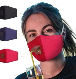 Volwassen beschermen katoen gezicht masker drinkmasker met gat voor stro wasbaar stofdicht drank buiten mond maskers ljjk2363