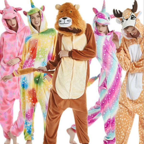 Pijama de franela para adultos Kigurumi Tiger Unicorn Lion Sika Deer Fox pijamas Unisex Onesie disfraz para Halloween carnaval Año Nuevo Party231U