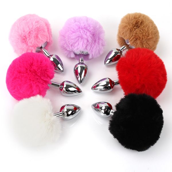 Adulte Sexy Toys Hair Ball Rabbit Tail Anal plug plume Perles de traction en métal en acier inoxydable Unisexe Back Court Flirt