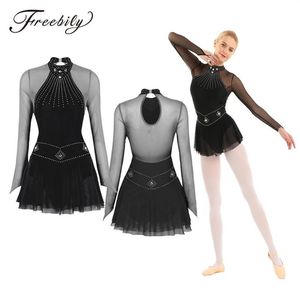 Adulte brillant strass à manches longues maille épissure Ballet gymnastique justaucorps femmes patinage artistique robe compétition danse Costumes270e