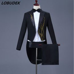 Adulte Swallowtail Hommes Costumes Noir Blanc Strass Tailcoat Bar Chanteur Costume De Scène Magicien Bal Hôte De Mariage Chorus Blazers Tenue De Scène