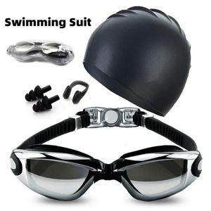 Costume de natation adulte HD Anti-buée lunettes de natation ensemble étanche Silicone pince-nez bouchons d'oreilles lunettes de natation ensemble et casquette hommes 240119
