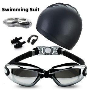 Costume de natation adulte HD Anti-bug Swimming Goggles Set étanche Silicone Nez Clip d'oreille Plugs Swimming Goggles Set and Cap Men 240426