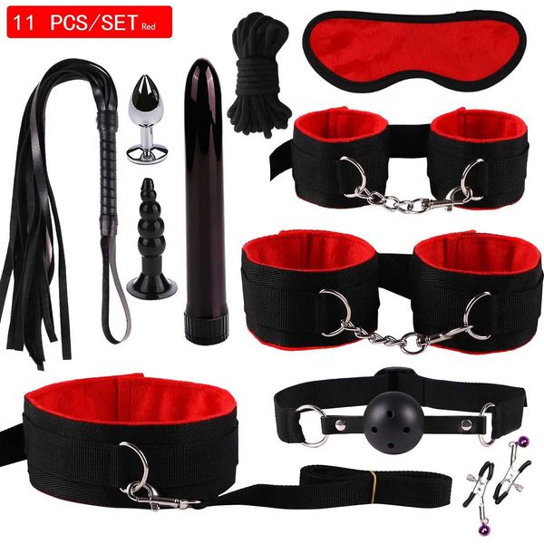 Kit de Bondage Bdsm pour adultes, 11/10 pièces, avec menottes, balle anale, vibrateur, fouet pour hommes et femmes, esclave fétichiste, jeux pour adultes, jouets sexuels