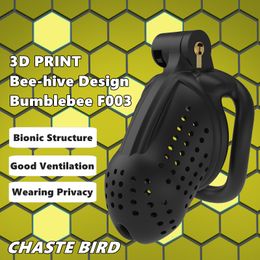 Juguetes para adultos 2023 Impresión 3D Bee-hive Design Jaula de gallo transpirable 2 tipos de anillos para el pene Dispositivo de castidad masculina Productos para adultos Juguetes sexuales F003 230519