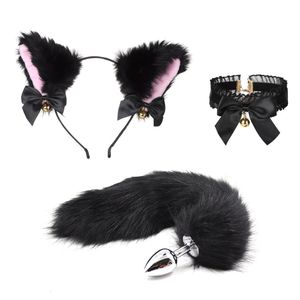 Juguetes para adultos Anal Sex Tail Butt Plug y Plush Cat Ear Diadema con campanas Collar Set Masaje juguetes para mujeres Parejas Cosplay 230411