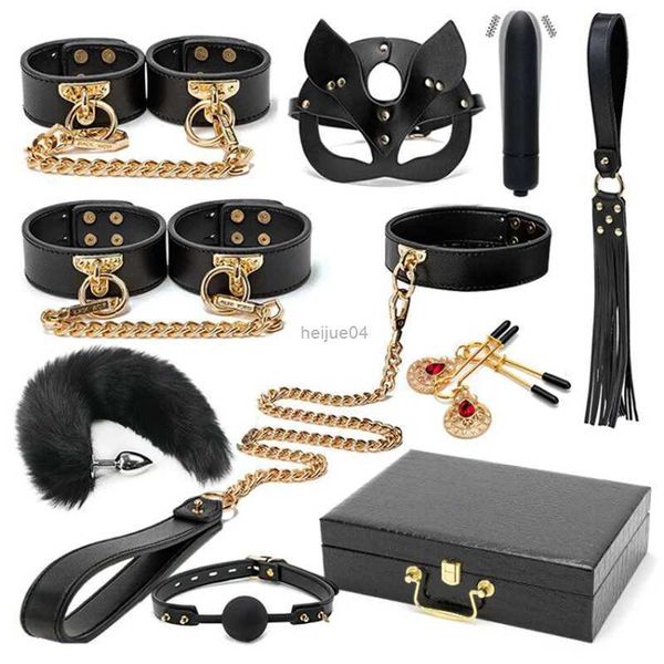 Juguetes para adultos, kits de Bondage BDSM, juego de sujeción de cuero genuino, esposas, Collar, mordaza, vibradores para mujeres, parejas, juegos para adultos, Juguetes sexuales divertidos