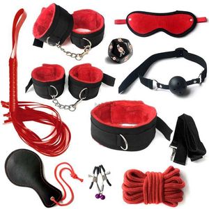 Volwassen speelgoed BDSM bondageset Sexy pluche handboeien Lederen zweep Mondbal Gag Tepelklemmen Kits Speeltjes voor koppels Twee exotische accessoires