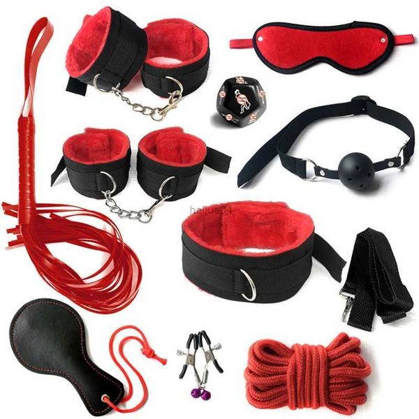 Jouets pour adultes Ensemble de bondage BDSM Menottes en peluche sexy Fouet en cuir Bouche Boule Gag Pinces à tétons Kits Jouets sexuels pour couples Deux accessoires exotiques