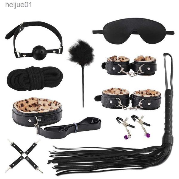 Jouets pour adultes Bdsm Set Léopard Accessoires Exotiques Sm Sex Bondage Set Sexy Clip Bandeau Menottes Fouet Corde Adult Sex Toy bdoys L230518