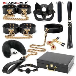 Volwassen speelgoed BLACKWOLF BDSM bondagekits Echt leer Terughoudendheid Set Handboeien Kraag Gag Vibrators Seks voor vrouwen Koppels Spelletjes 231114