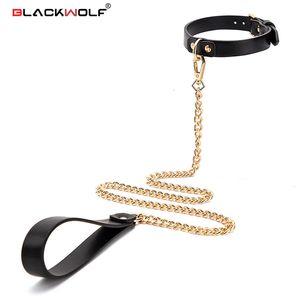 Jouets pour adultes BLACKWOLF Esclave Bondage Collier en cuir de luxe Collier de retenue Chaîne en or Laisse BDSM Jouets sexuels érotiques pour femmes Couples Jeux pour adultes 230426