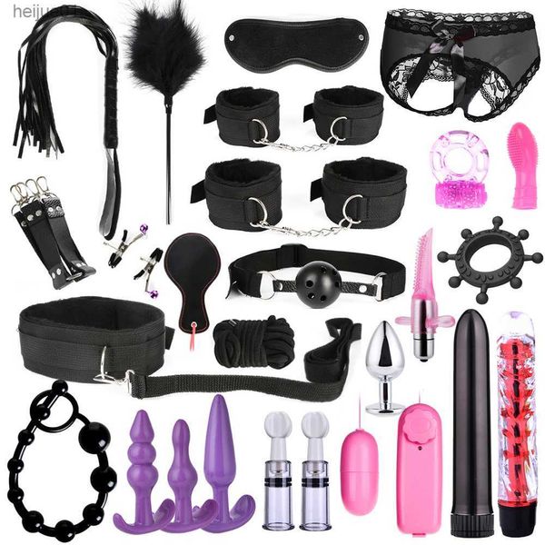 Jouets pour adultes Bondage Set Adultes Sex Toys Pour Femmes Hommes Menottes Pinces À Mamelon Fouet Fessée Sexe Métal Anal Plug Vibrateur Butt Bdsm BDSM Kits L230518