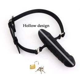 Jouets pour adultes Godes à double extrémité Bouche Gag Gode Fixation orale Harnais Bondage Bracelet en cuir sur Sex Toys Pénis Plug Silicone Pour Couple Femmes 231115