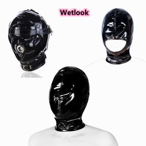 Jouets pour adultes Accessoires érotiques de Sexy Black Wetlook Pvc Latex Bondage Hood Masque pour Hommes Femmes Couples Bdsm Adultes Jeux de Sexe Blindfold Flirt 230413