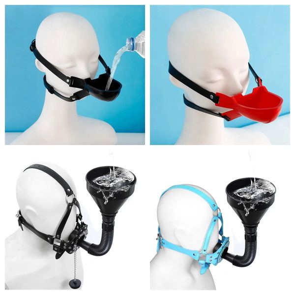 Jouets pour adultes Fétiche Toilette Entonnoir Bouche Ouverte Gag Masque Capot En Cuir PU Entonnoir BDSM Lavement Oral Bave Plug Gag Tête Harnais Bondage Adulte Jeu 231115