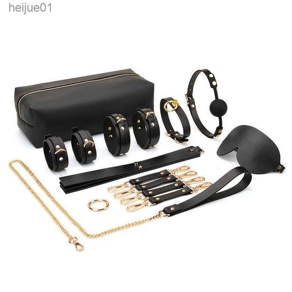 Jouets pour adultes en cuir véritable BDSM Bondage Kits Sex Toys pour couples Menottes Cheville Poignets Collier Gag Hogtie Contraintes SM Set Adult Love Games L230518