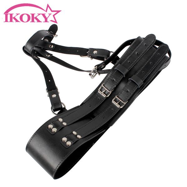 Jouets pour adultes IKOKY Ceinture de chasteté Harnais Porte-baguette magique Bracelet en cuir PU Orgasme forcé SM Bondage Masturbateur féminin Sexe pour les femmes 230314