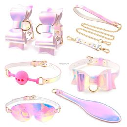 Jouets pour adultes Laser coloré 5 pièces Kit de bondage ensemble de contraintes Kinky Bow menottes SM collier fessée pagaie bouche balle Gag bandeau jouet érotique