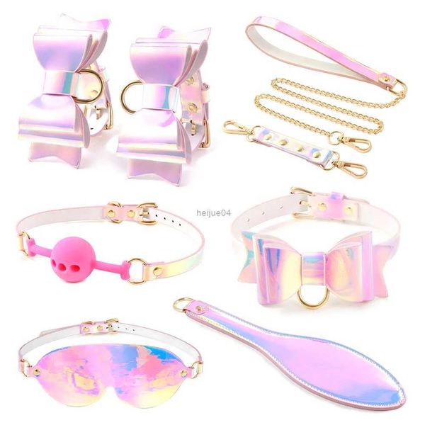 Juguetes para adultos Láser Colorido 5 piezas Kit de bondage Conjunto de restricciones Kinky Bow Esposas SM Collar Nalgadas Paleta Boca Bola Mordaza Con los ojos vendados Juguete erótico