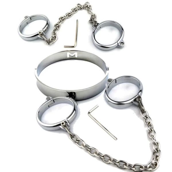 Jouets pour adultes Menottes de poignet en acier en métal Poignets de cheville avec collier de cou de chaîne Bdsm Bondage Restrictions Manille Adulte Esclave Sex Toys Femmes Hommes 231115